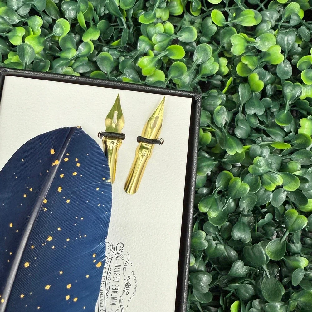 Feather Quill Pen Calligraphy Set Navy Blue Gold Speckle Ink & Nibs